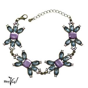 Vintage Statement Rhinestone Bracelet Purple and Blue Flowers 9" Long - Hey Viv